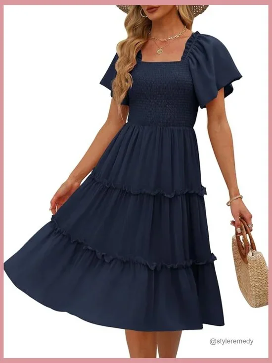 Flutter Sleeve Square Neck Smocked Midi Dress - Picture 1 of 6